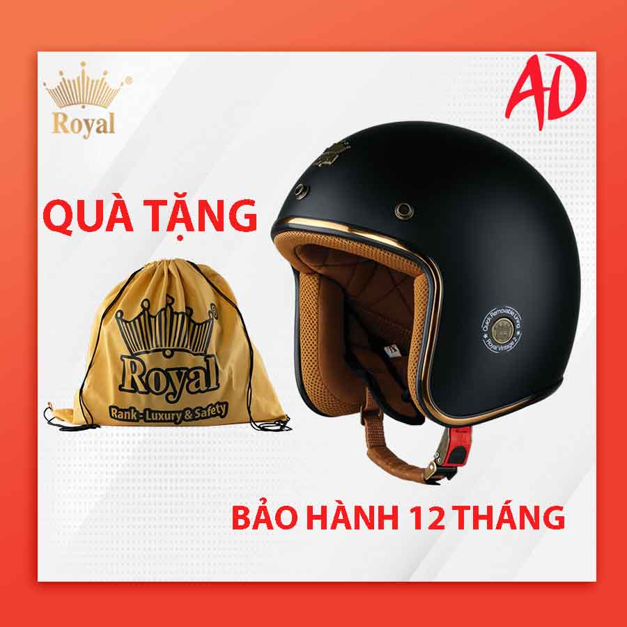 Nón bảo hiểm 3/4 Royal M20C đen nhám tháo lót