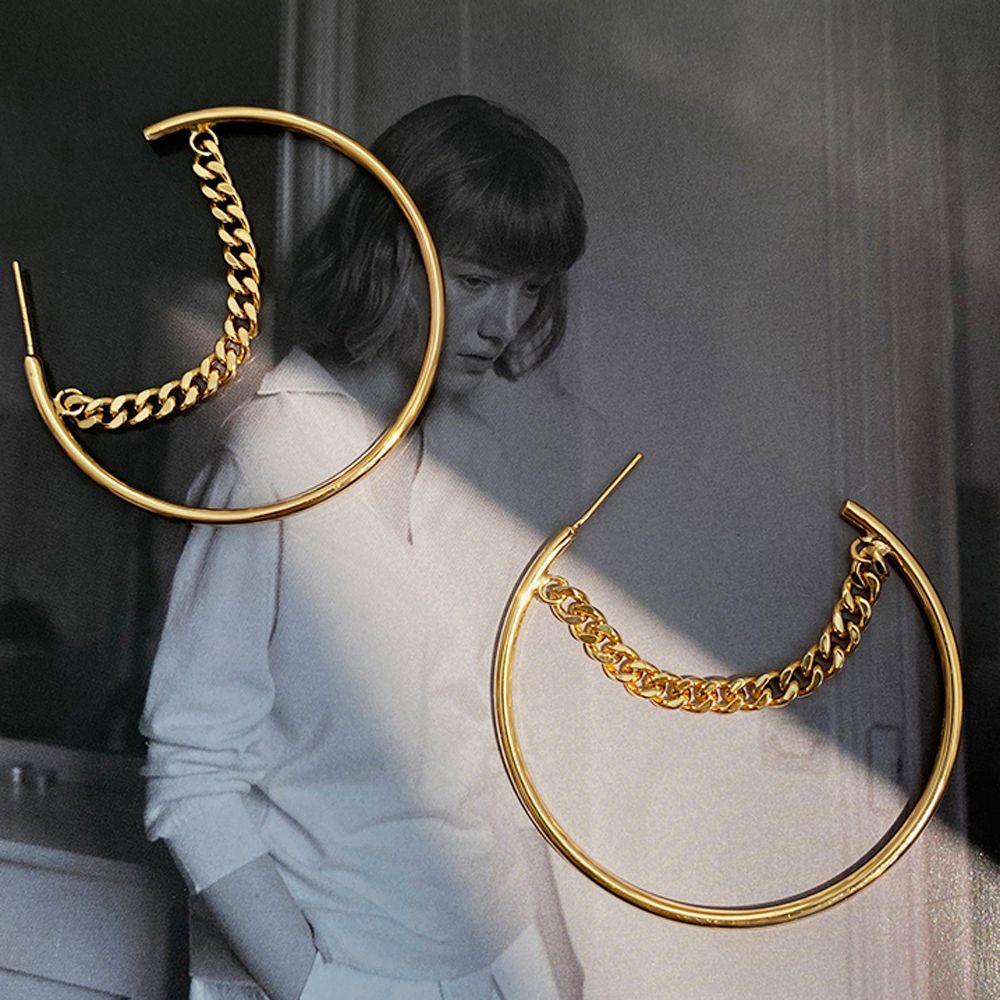 Bông Tai Dạng Vòng Phối Dây Xích Bằng Kim Loại Phong Cách Hip Hop Thời Trang Cho Nữ