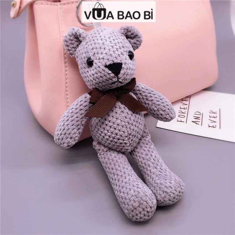 Gấu bông Teddy đan len, gấu teddy bông 18cm quà tặng nhồi bông, phụ kiện trang trí (Hồng/Xám)