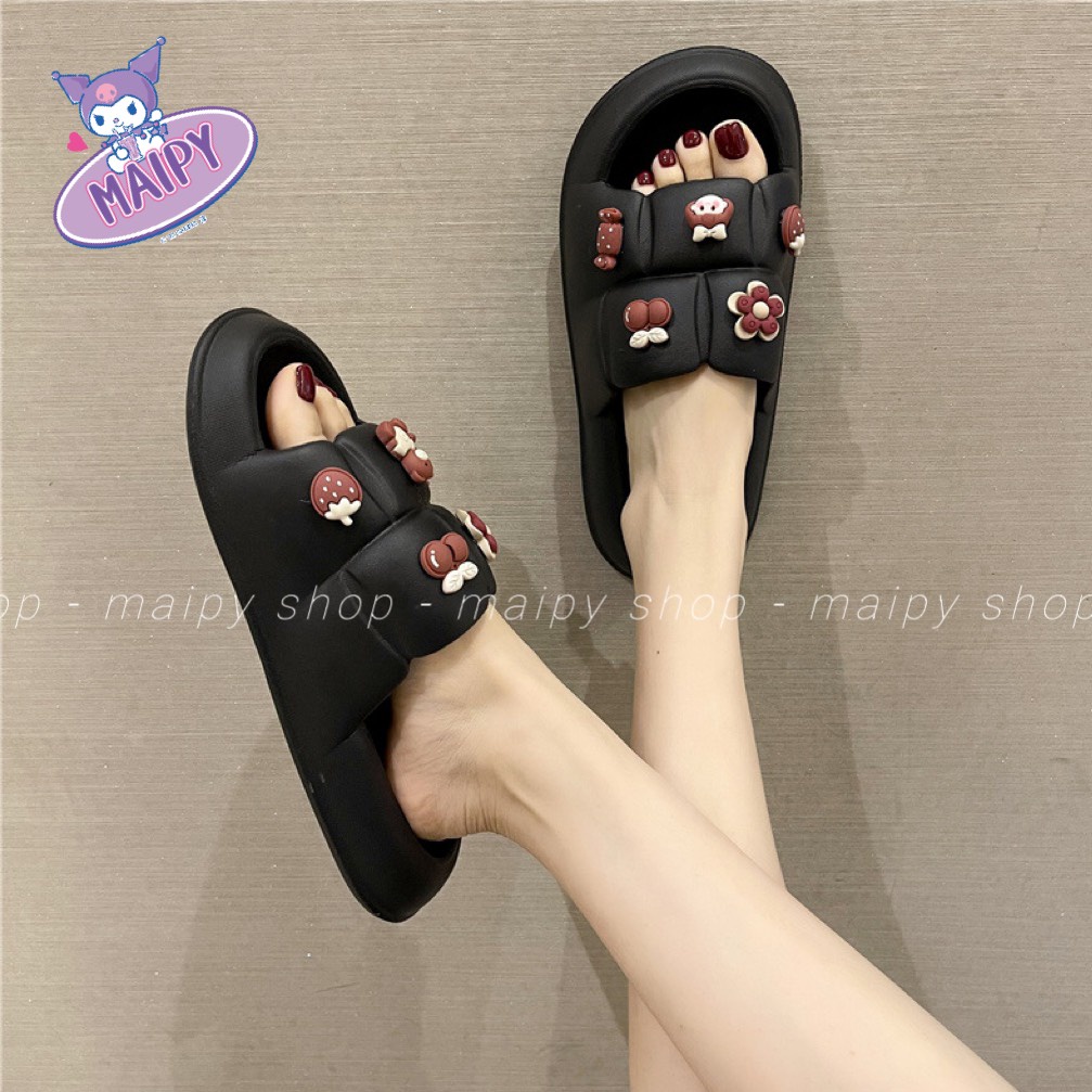 Dép bánh mì vuông sticker Gấu Hoa Nâu DL284 nữ quai ngang cao 3cm chất EVA siêu nhẹ đi trong nhà