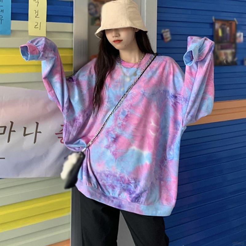 Korean Fashion Tie Dye Round Neck Loose Leisure Long Sleeve T-Shirt