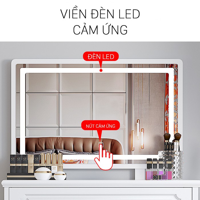 Bàn phấn tân cổ điển màu trắng decor phòng ngủ đẹp - Bàn trang điểm có gương đèn led kèm ghế trang trí và quà tặng vợ
