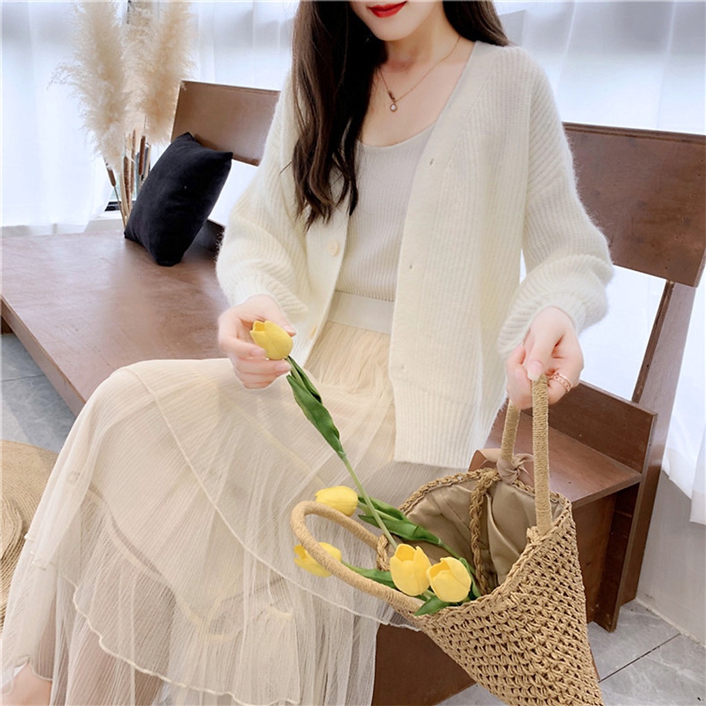 (TỔNG KHO LÂM ANH CHUYÊN SỈ) Áo cardigan len nữ dáng lửng tay bồng trẻ trung