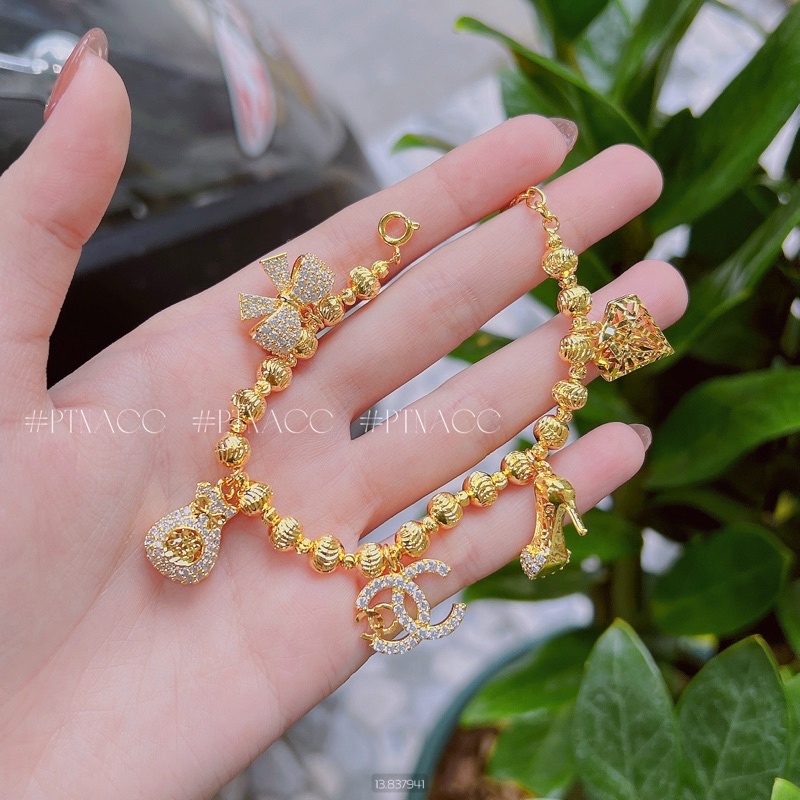 Lắc tay bi xi bạch kim, xi mạ vàng phối charm tòn ten thương hiệu đính đá cao cấp .PTNACC.
