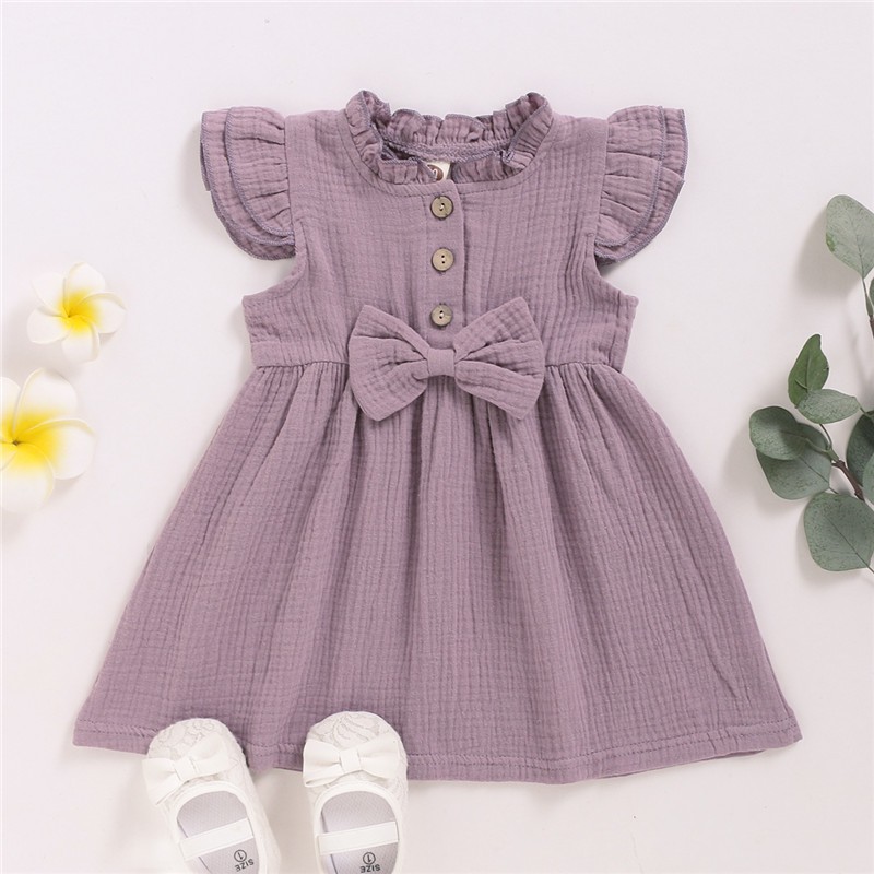 Đầm Dáng Chữ A Vải Lanh Cotton Tay Bay Màu Trơn Dễ Thương Cho Bé Gái 1-4 Tuổi