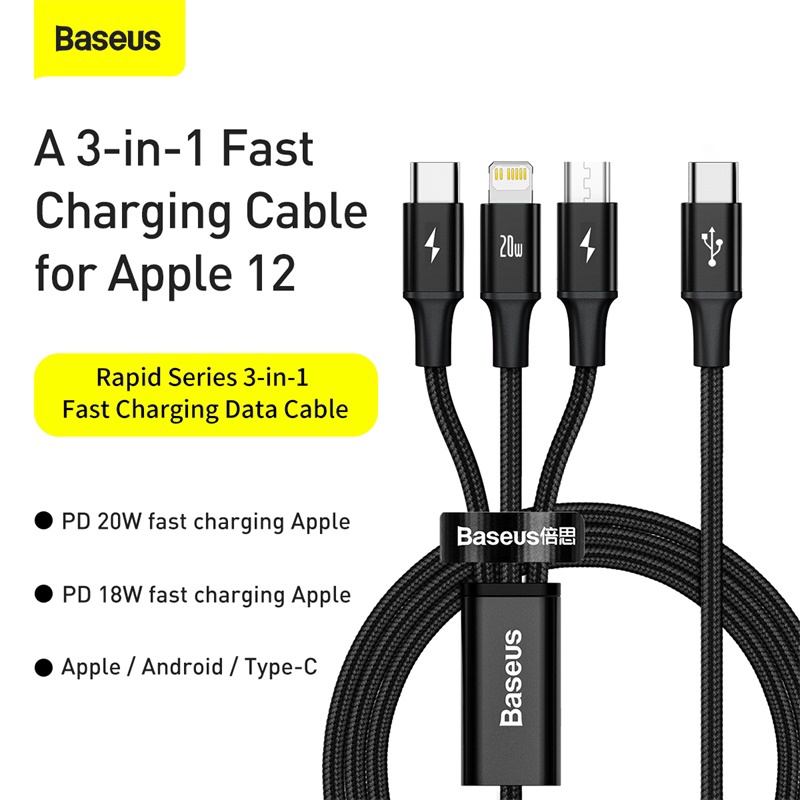 Cáp 3 đầu Baseus 20W Rapid Series 3in1, dây sạc 3 đầu sạc nhanh