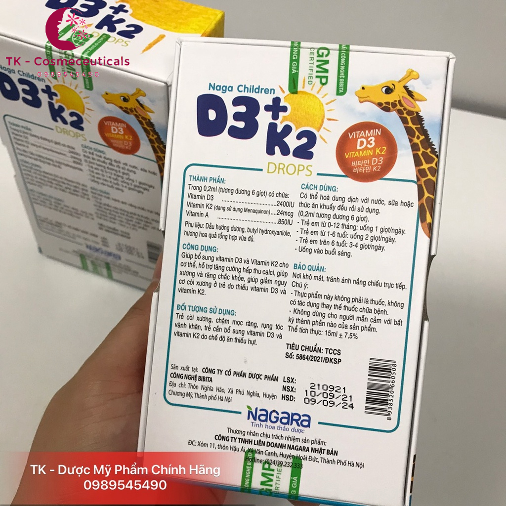 Naga Children D3 + K2 Drops Tăng Cường Hấp Thu Canxi Cải Thiện Tình Trạng Bé Còi Xương, Chậm Mọc Răng - 15ml