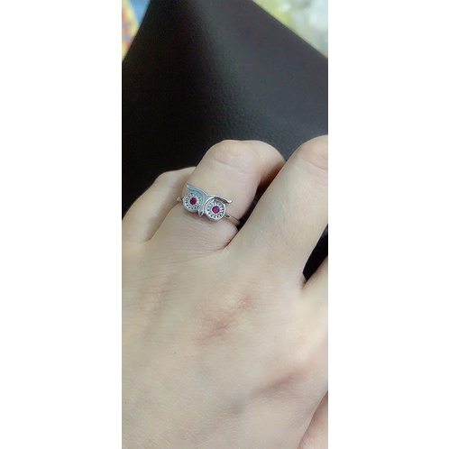 Nhẫn hình chim cú mèo mắt nạm đá đỏ bạc chuẩn phủ vàng trắng