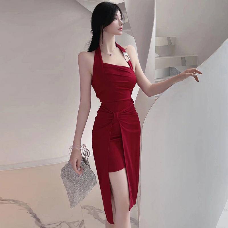 Celebrity temperament dress hanging neck sling dress red split dress dress dress skirt