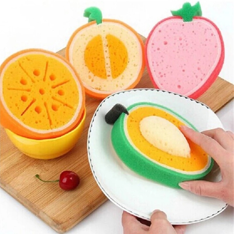 Miếng Bọt Biển Rửa Chén 4 Kiểu Hình Trái Cây Màu Cam Dâu Tây Ma Thuật Hiệu Quả Dùng Trong Nhà Bếp