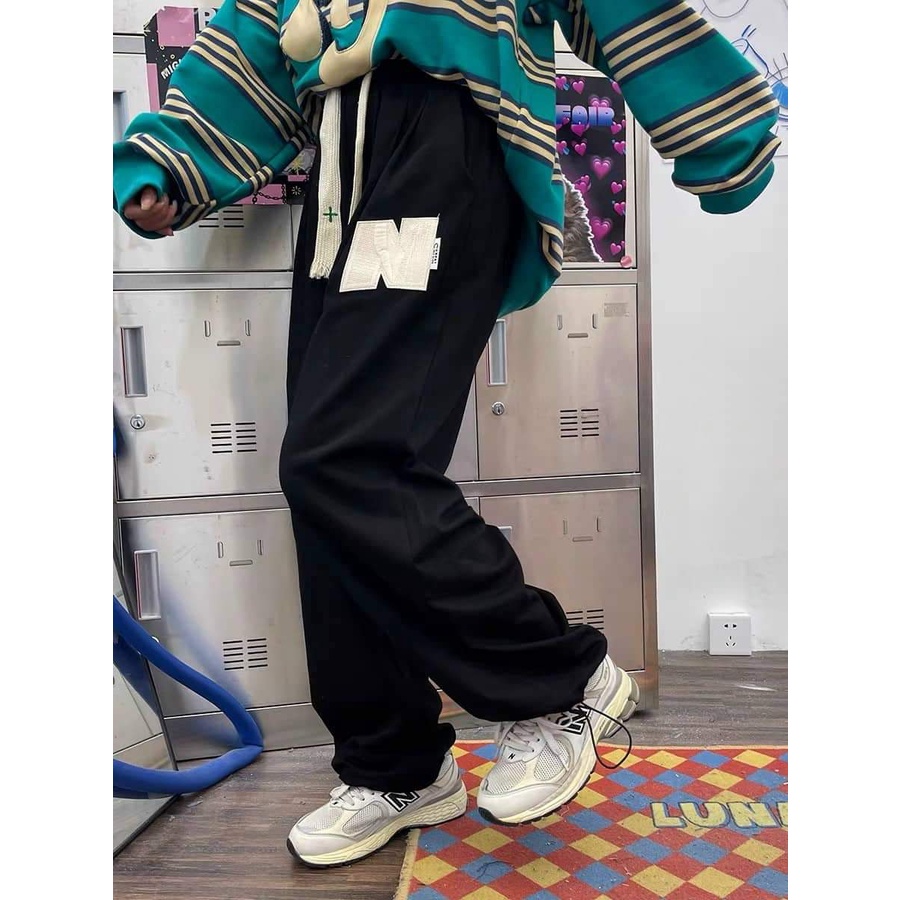 Quần Nỉ Unisex Ống Suông Dập Chữ N Nổi Siêu Chắc Chắn, Quần Jogger Cạp Cao Dây Rút Bản To Phong Cách Ullzang
