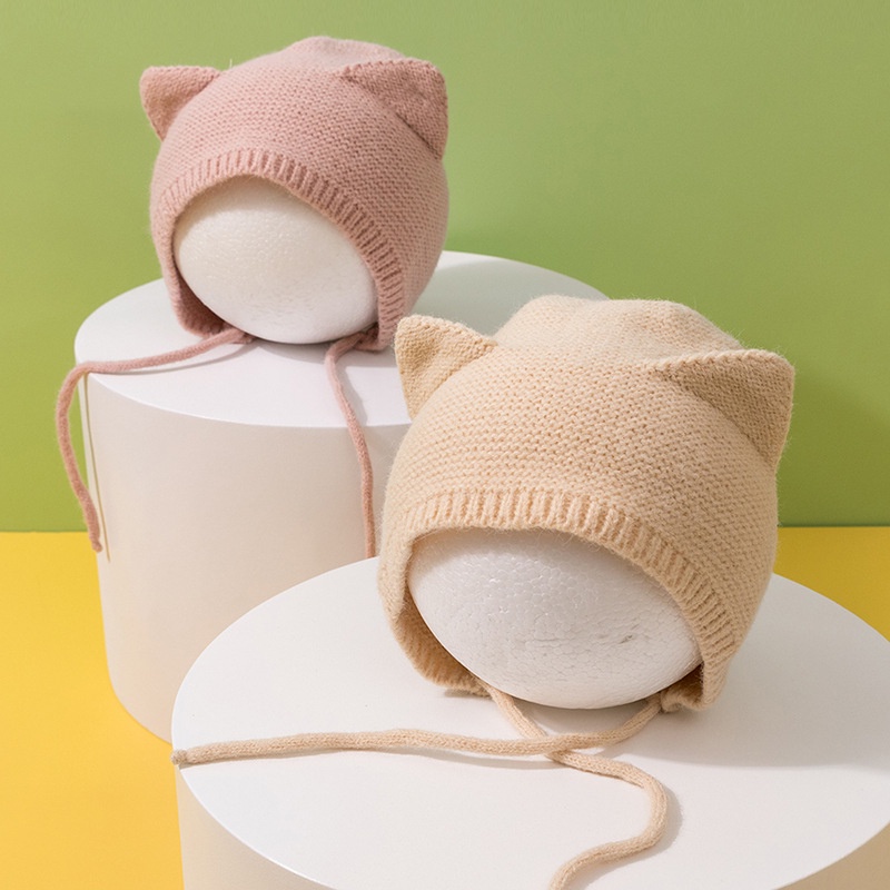 Mũ Beanie Đan Len Màu Trơn Giữ Ấm Tai Thời Trang Mùa Đông Cho Bé 0-2 Tuổi
