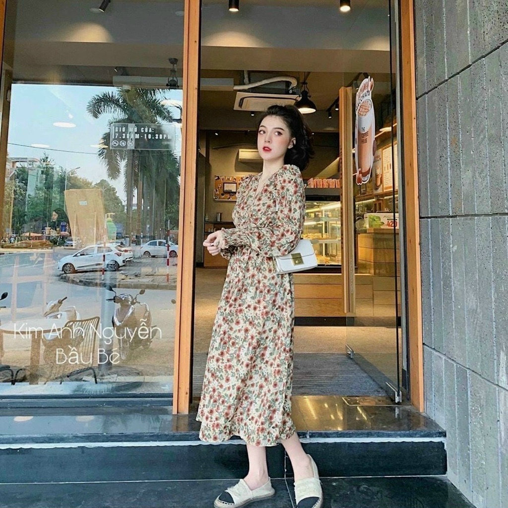 Đầm Voan Dày Mịn Cổ Chữ V Kèm Nút Giả Tay Dài Phối In Nhiều Hoa Dễ Thương TTSA1631