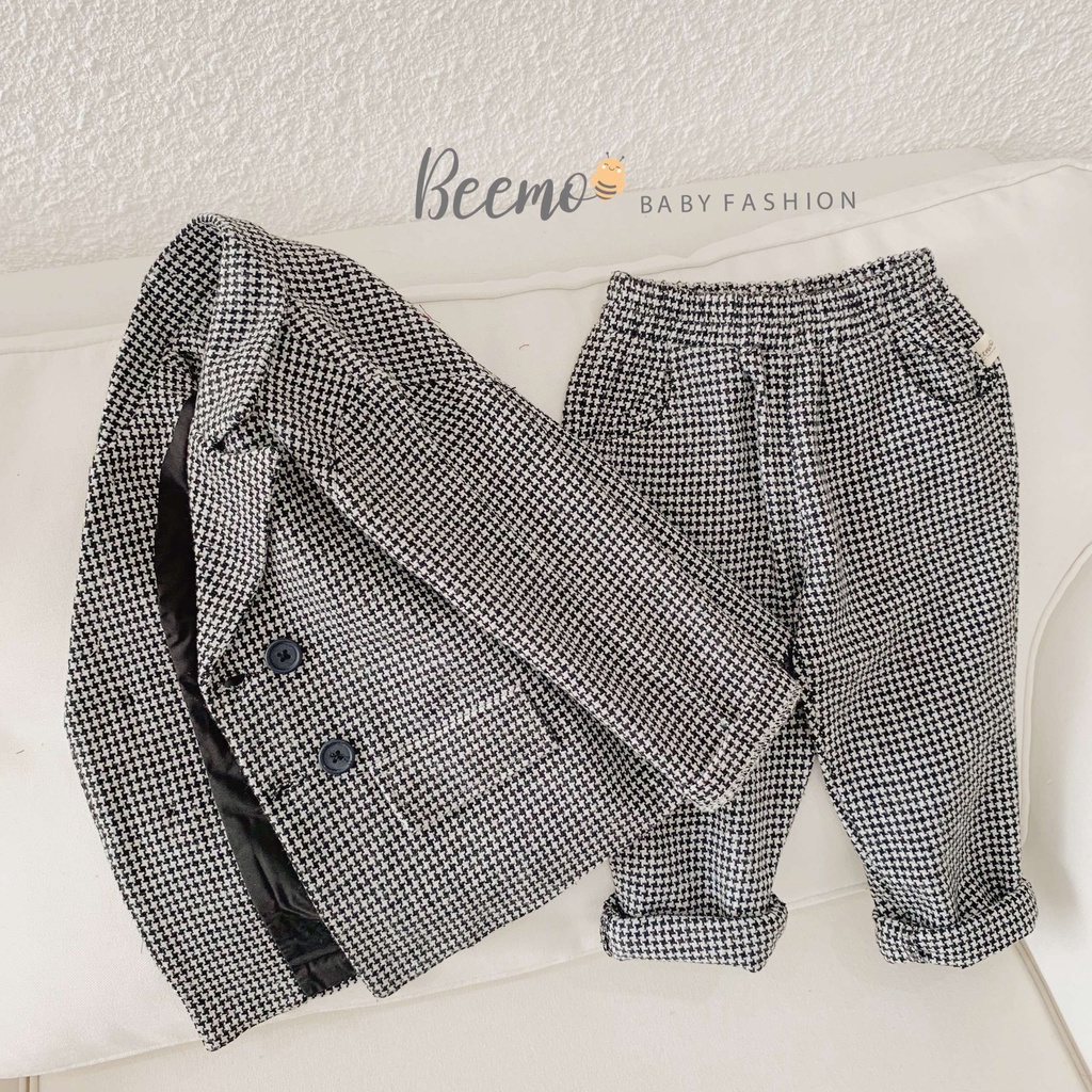 Bộ vest dạ bé trai Beemo cao cấp, bộ quần áo vest kẻ bé trai 4 khuy thiết kế phong cách Hàn Quốc