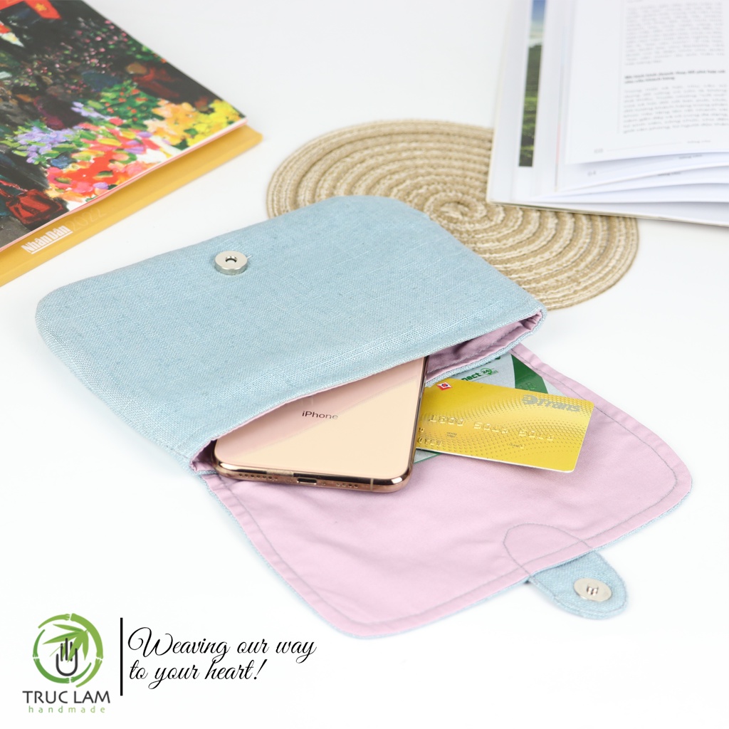 Ví Cầm Tay Nữ Vải Linen Thêu Tay Sa Hạt Họa Tiết Hai Hoa Cúc - Trúc Lâm Handmade