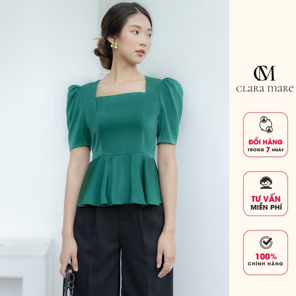Áo Sơ Mi Plum, Chất Liệu Lụa Ngọc Trai, Cổ Vuông Cách Điệu, Tay Lỡ Xếp Bồng Clara Mare - BLS3