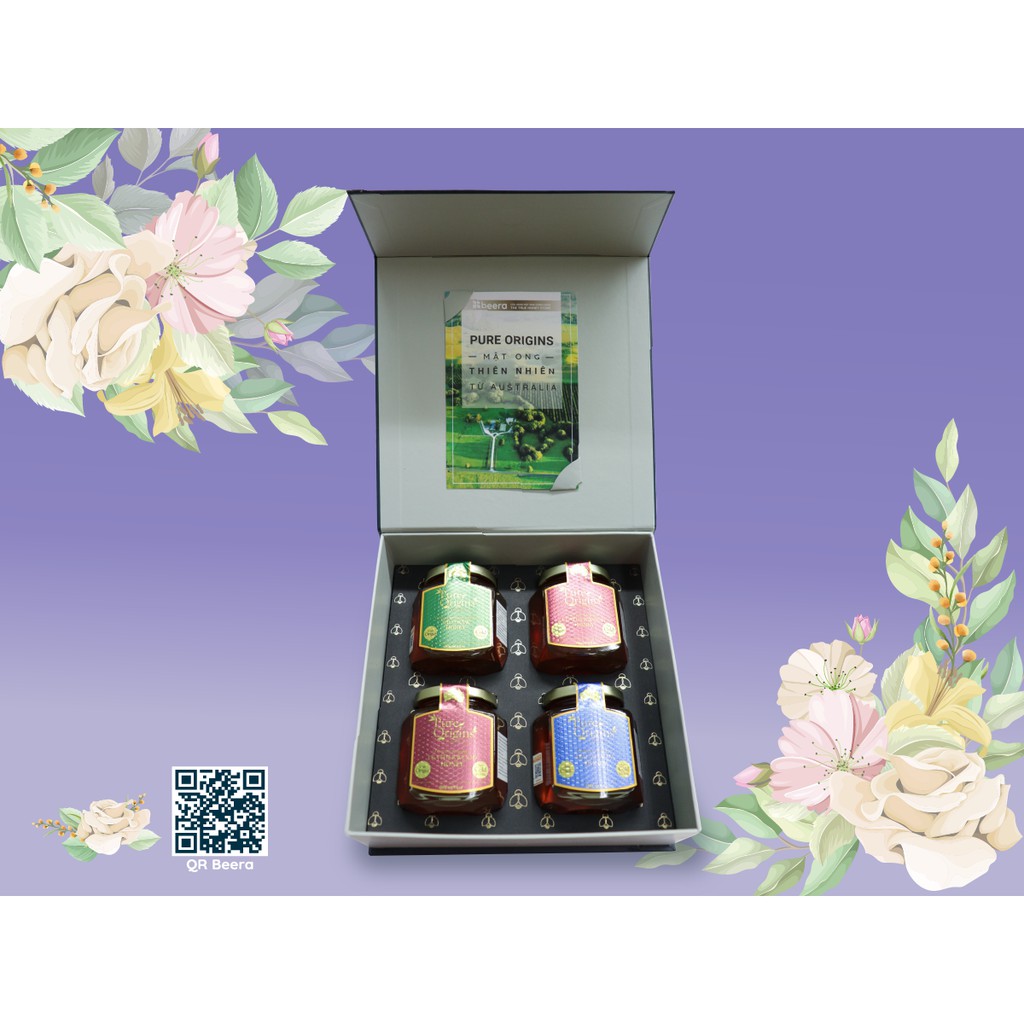 Hộp Quà bốn Mật ong Úc (2Leather &amp; Maca &amp; Wild) Beera quà tặng sức khỏe gia đình (4 hũ x250g)