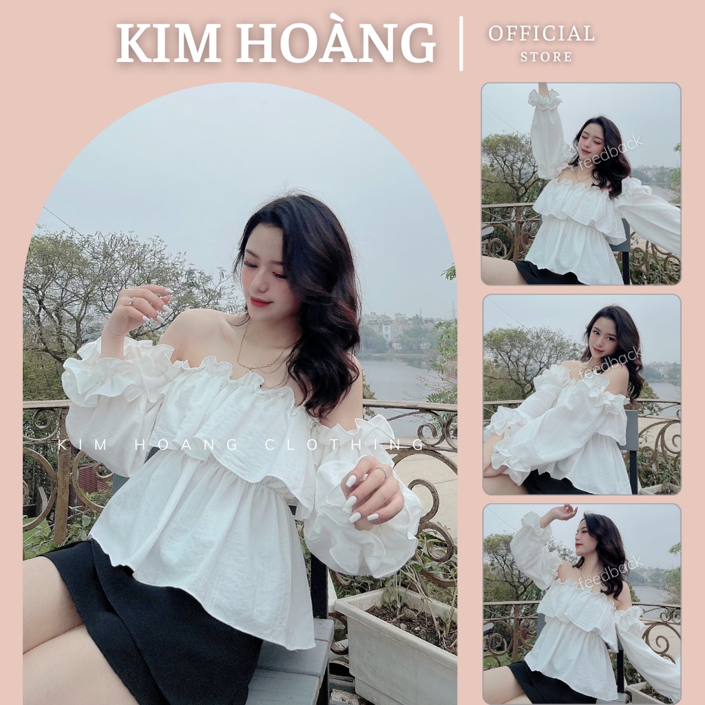 Áo Trễ Vai Croptop Kim Hoàng Clothing Bèo Nhún Tay Dài (Linen Top)