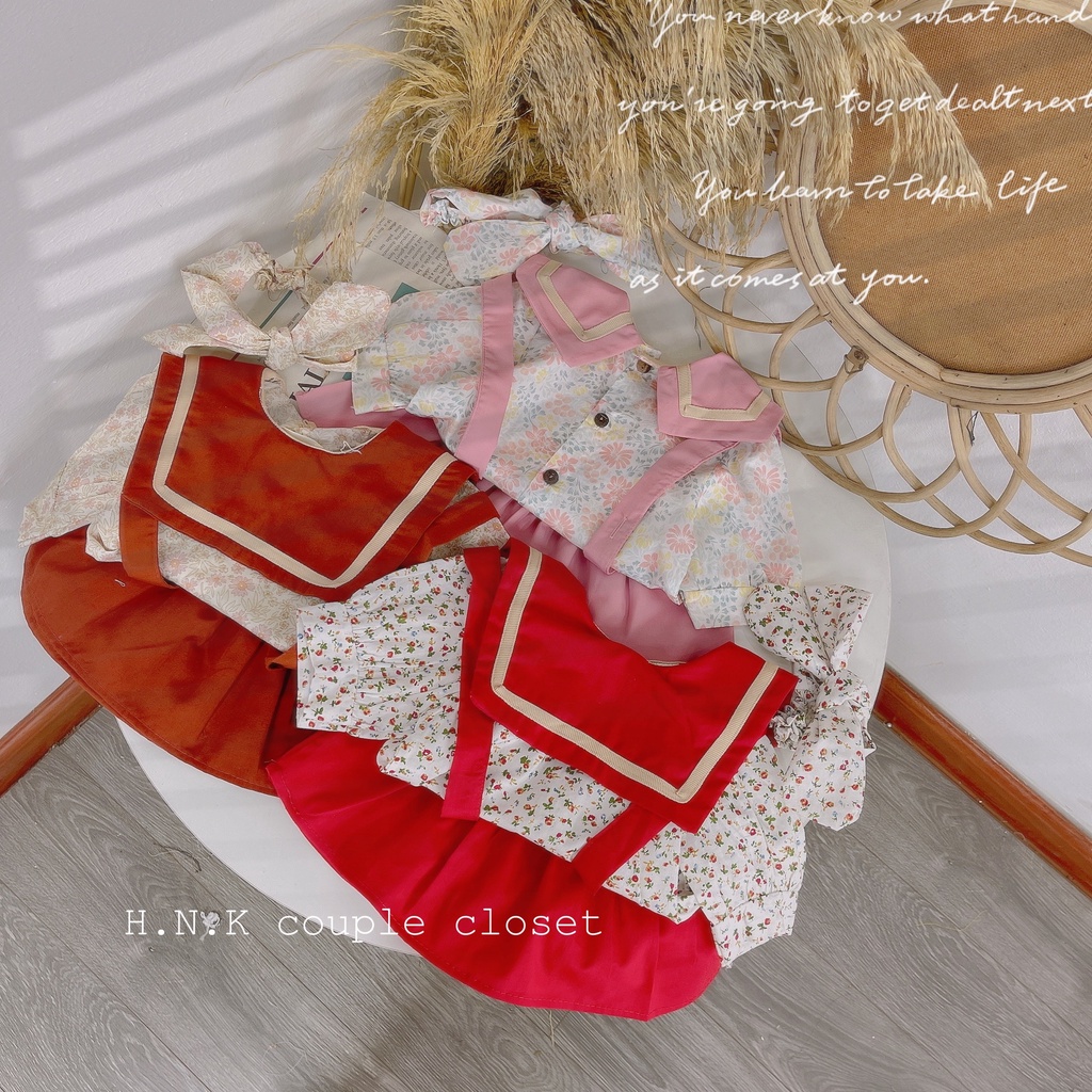 Set Váy Yếm Chất Đũi Mềm Họa Tiết Hoa Nhí Phối Cho Bé Gái + Tặng Kèm Turban - TA438