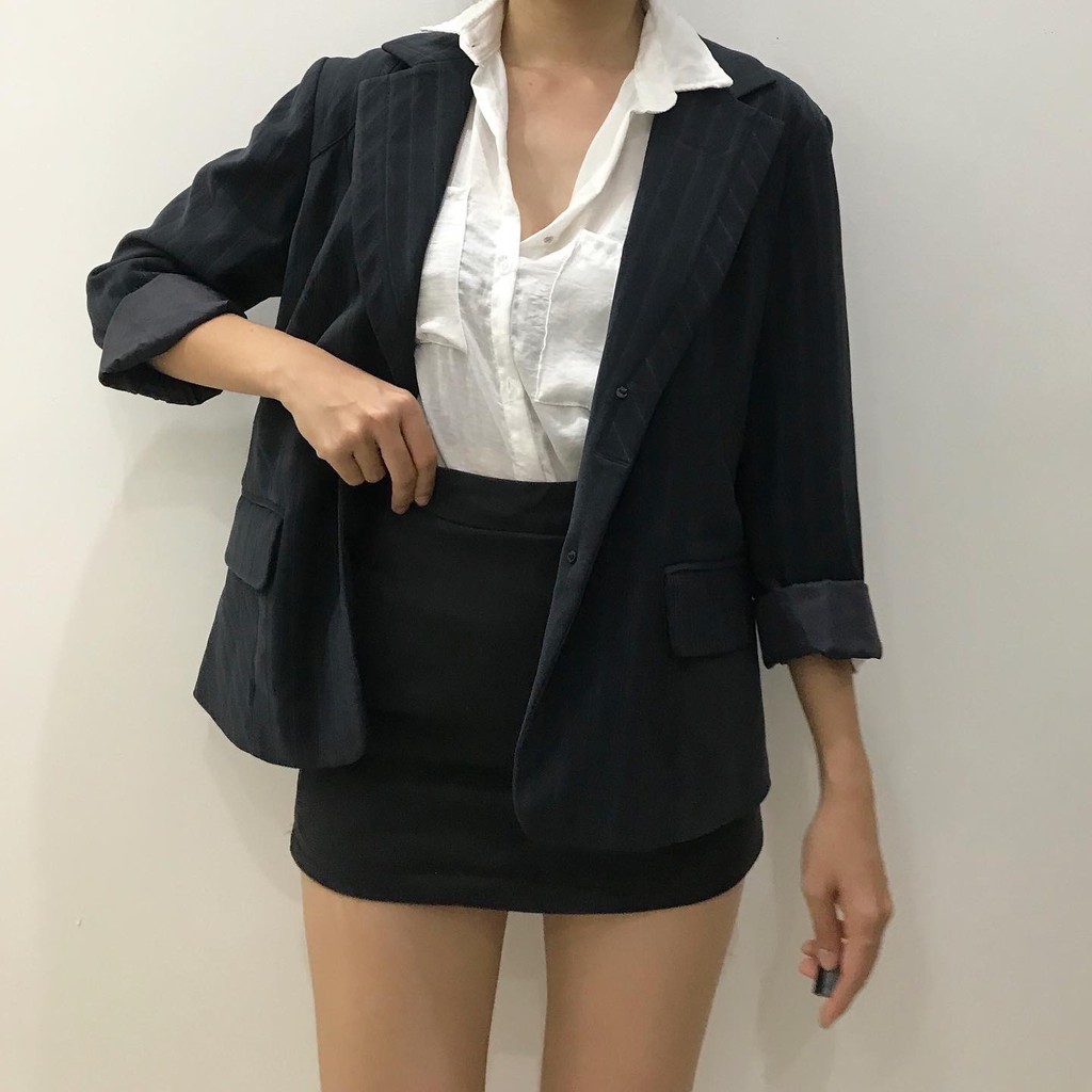 Áo Vest/blazer/ khoát Nữ dài tay xanh đen kẻ sọc V111 (2hand)