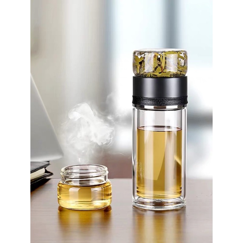Bình pha trà 2 tầng 500ml bằng thủy tinh 2 lớp cách nhiệt có ngăn lọc trà tiện lợi.