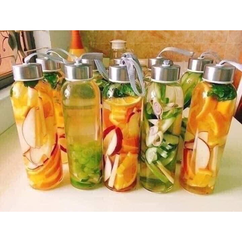 Bình nước thủy tinh, chai Detox có dây xách 500ml