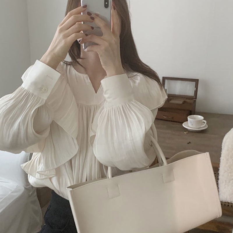 Áo Sơ Mi Tay Dài Phối Bèo Phong Cách Retro Hàn Quốc Thanh Lịch