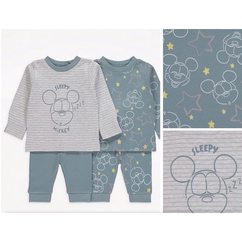 Set 2 bộ dài tay bé trai hoạ tiết mickey xanh kẻ săn sale Geo Uk sz 0-3m