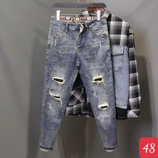 Quần jean nam xanh đậm trơn rách gối chất bò cao cấp co dãn 4 chiều cực đẹp, quần rin nam mới đẹp TK99 Nhiều mẫu
