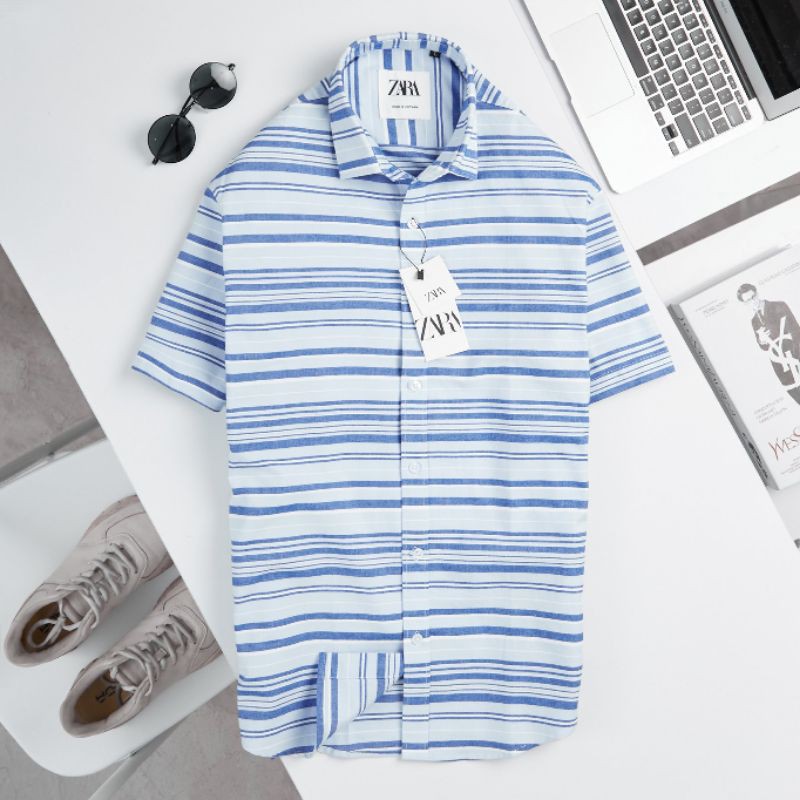 Áo sơ mi nam tay ngắn kate cotton sọc trẻ trung thoáng mát nổi bật