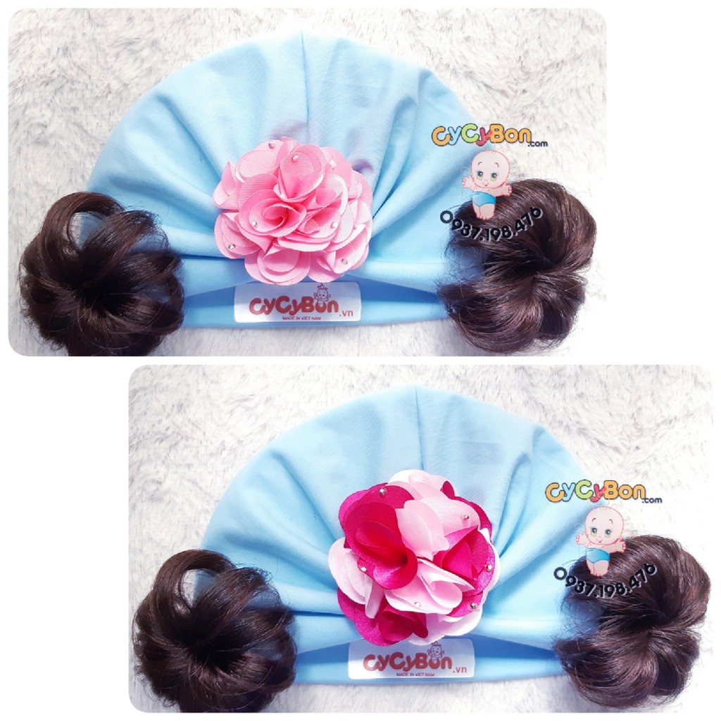 Mũ Nón Turban Tóc Giả Cho Bé Gái Màu Xanh Đính Bông Hồng Phối Chất Vải Cotton Có Size Cho Bé Từ Sơ Sinh!