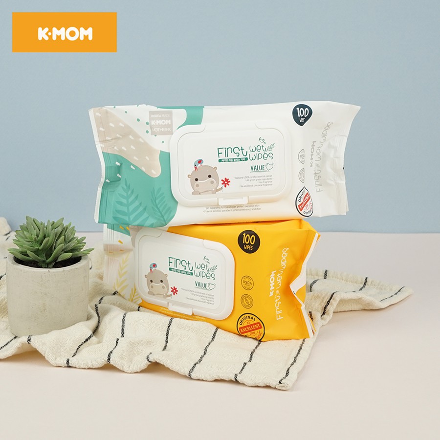 [Chính Hãng] Khăn ướt cao cấp K-Mom Hàn Quốc First Wet Wipes vân nổi (100c) – Khăn giấy ướt Kmom không mùi