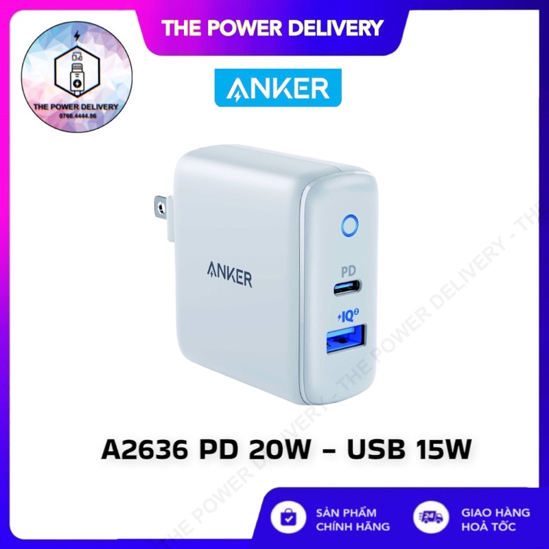 Sạc ANKER PowerPort PD+2 cổng 35w, 1 USB-C PD 20w, PowerIQ 2.0 15w - A2636 BẢO HÀNH 12 THÁNG