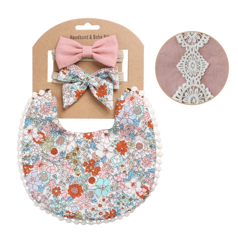 Set Băng Đô + Khăn Yếm Tua Rua In Hoa Làm Đạo Cụ Chụp Ảnh Cho Bé