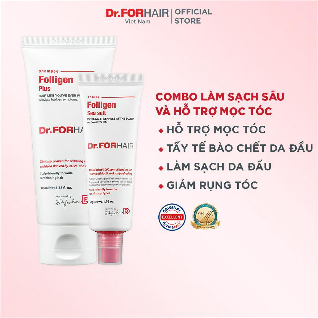 Combo dầu gội đầu giảm rụng tóc, muối tẩy tế bào da đầu chăm sóc tóc của Dr.FORHAIR Folligen Plus x Sea Salt Scaler