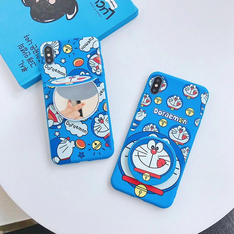 （P43）Ốp điện thoại có giá đỡ kiêm gương và dây đeo Doraemon cho Samsung Galaxy A20 A30 M10S A205 A305 A20S A50 A70 A70s A71