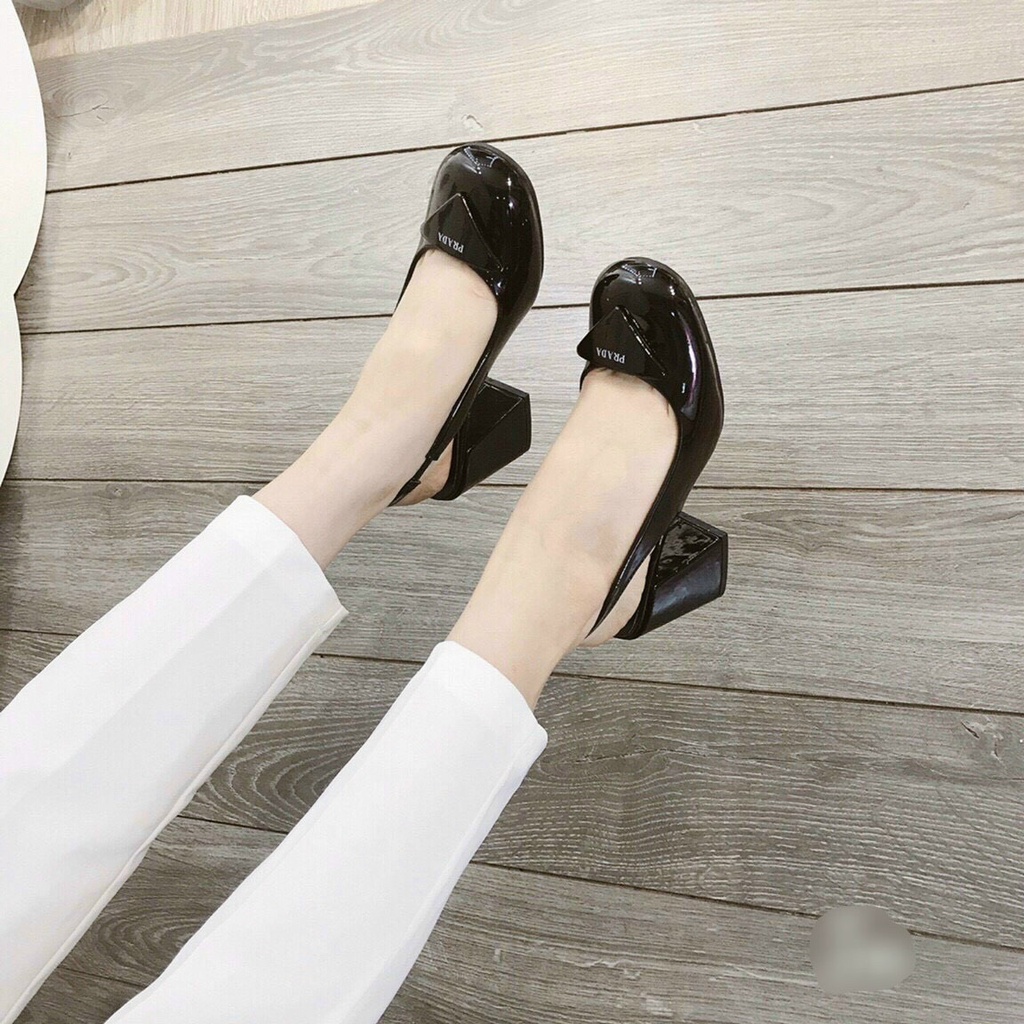 Giày cao gót PD mũi tròn gót trụ cao 7 cm Mary Jane chất da bóng sang chảnh đi chơi đi tiệc siêu xinh dành cho nữ