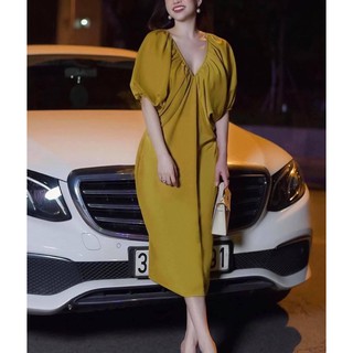 Đầm Lụa Dáng Suông Cổ V Tay Phồng