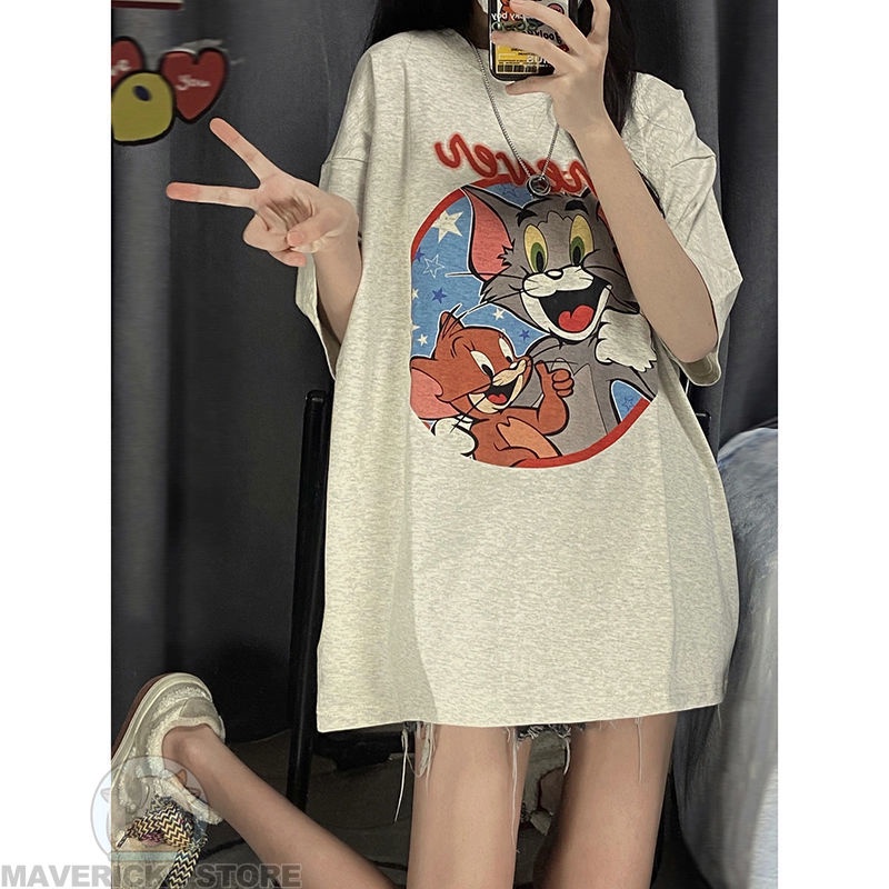 Áo Thun Tay Lỡ Dáng Rộng In Hoạt Hình Mèo Chuột Dễ Thương Thời Trang Mùa Hè Cho Nữ