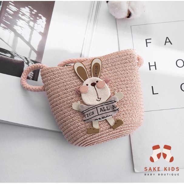 Túi cói mùa hè trẻ em, Túi đi biển dễ thương nhiều hình Nơ Thỏ có khóa kéo tiện lợi cho bé gái phong cách Hàn Quốc TC01