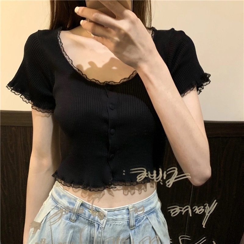 Áo Croptop Nữ Màu Xanh Đen Trắng Tím Vàng Chất Dệt Kim Cổ Tròn Ngắn Tay Phối Ren Cài Cúc Tiểu Thư Phong Cách Hàn Quốc