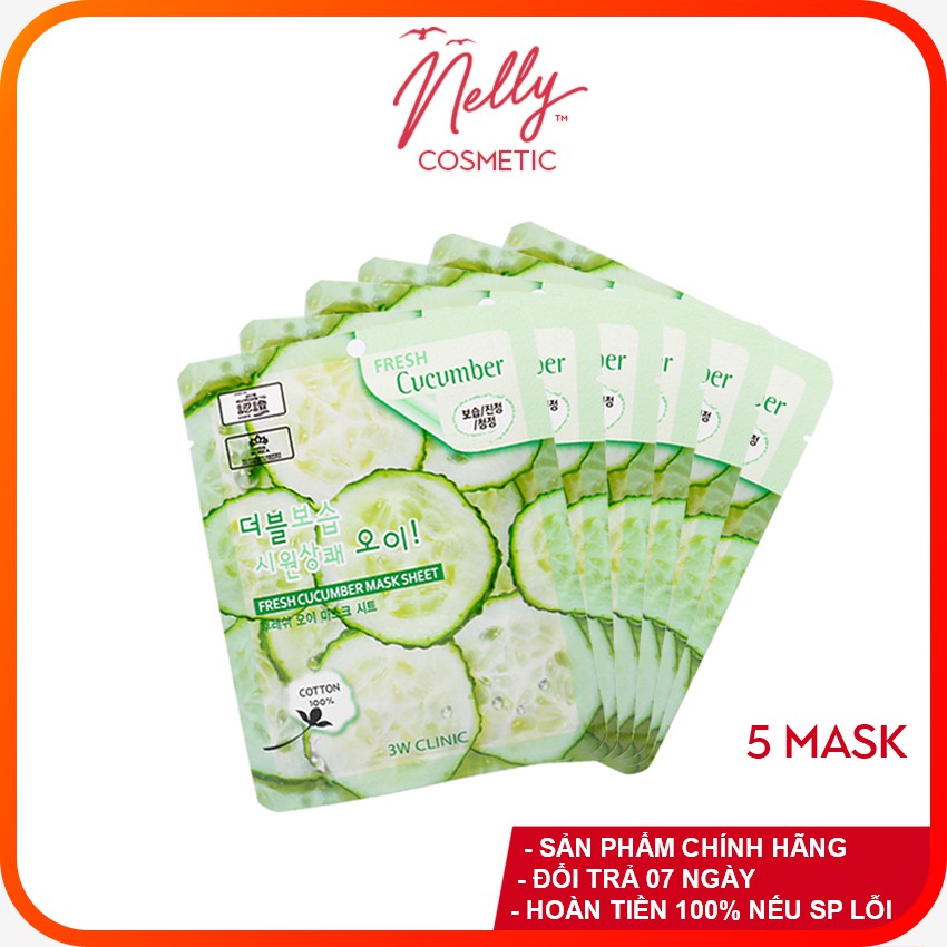 (❤️GIÁ SIÊU SALES❤️) COMBO 05 Mặt nạ dưỡng da chiết xuất từ nhân dưa chuột 3W CLINIC FRESH CUCUMBER MASK SHEET 23ml