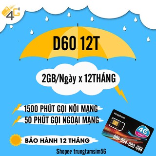 Sim Vina D60G 12 Tháng Miễn Phí 720GB Data 4G và Gọi Điện Miễn Phí , Bảo Hành 12 Tháng