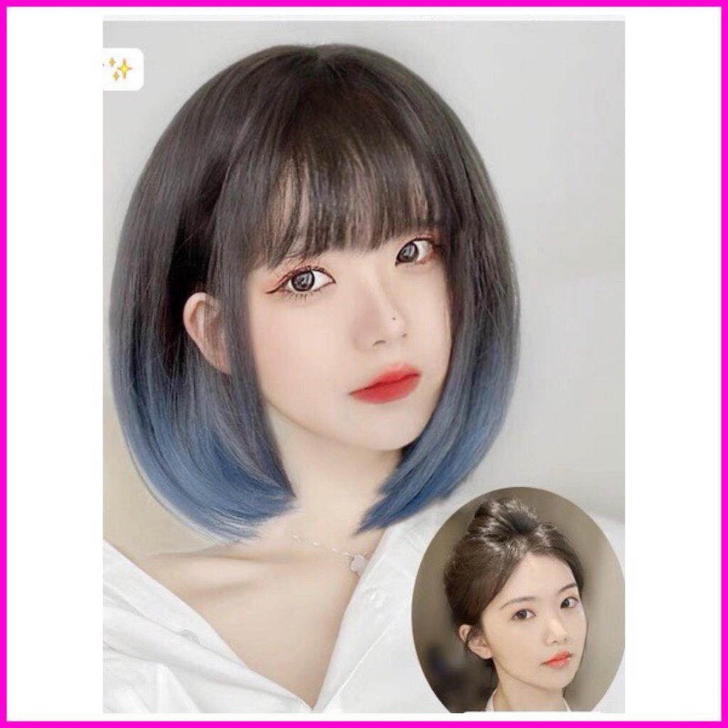 Tóc giả nữ nguyên đầu vic omber xanh tăng lưới 8078