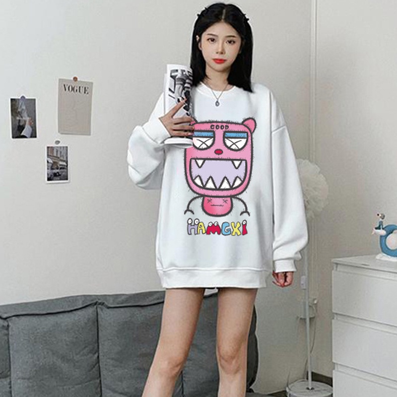 Áo sweater IELGY cổ tròn dáng rộng in hình hoạt hình xinh xắn cho nữ