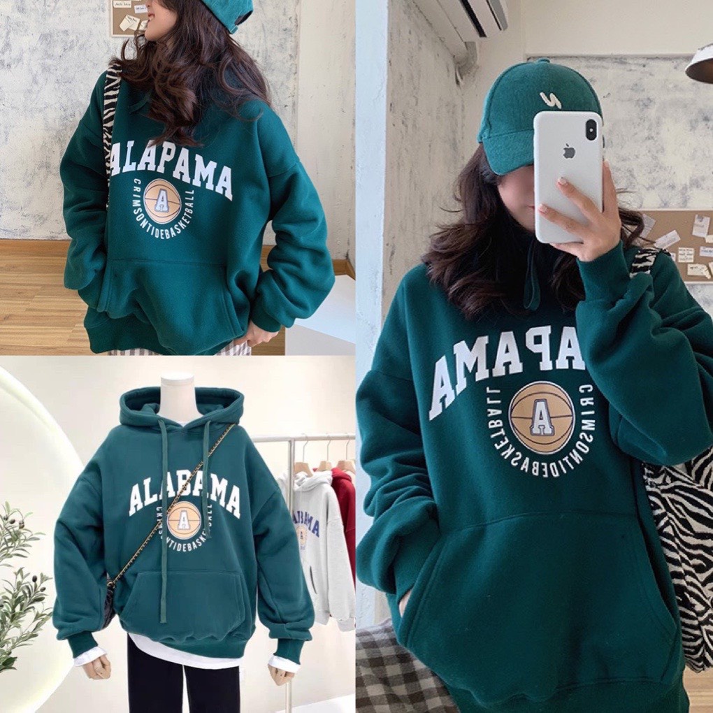 Áo Hoodie Form Rộng Unisex Tay Bồng Nam Nữ IN chữ ALABAMA màu xanh lá, Áo khoác Sweater Chất Nỉ Dày dặn ulzzang