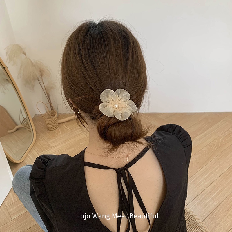 Kẹp tóc hoa nơ trắng kem TÍM STORE phong cách sang trọng hiện đại