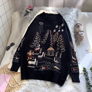 Áo len nữ đẹp, Áo len nữ dáng rộng dài trùm mông, In họa tiết noel đẹp dễ thương