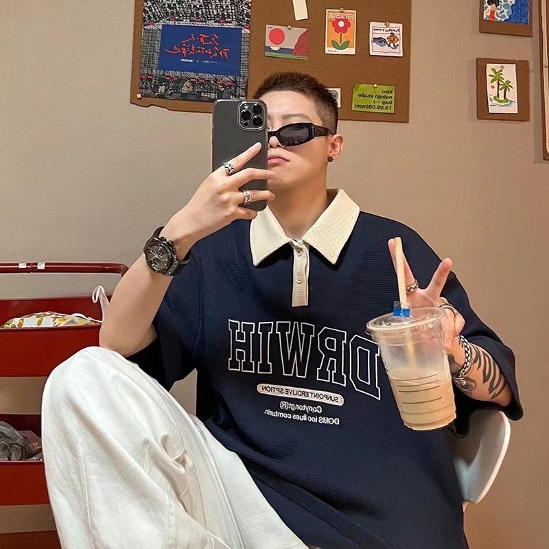 Áo Thun Polo Tay Ngắn Dáng Rộng Phong Cách Hong Kong Dễ Phối Đồ Thời Trang Mùa Hè Cho Nam Size M-2XL