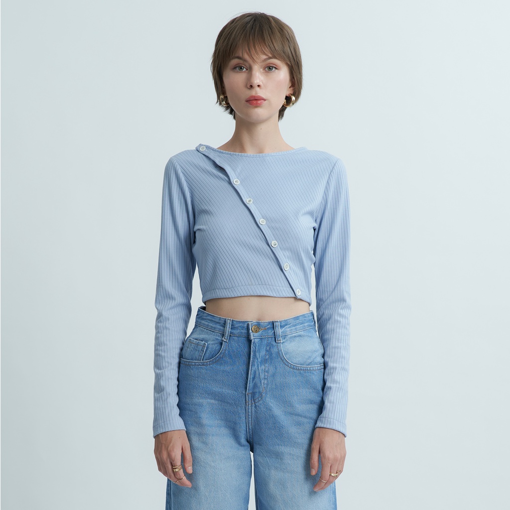 Áo nữ tay dài croptop KHÂU BY CQ chất cotton màu xanh Jaimin